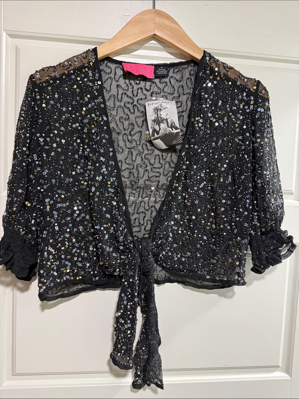Betsey Johnson Black Sheer Sequin Tie-Front Shrug bolero silk deadstock vintage